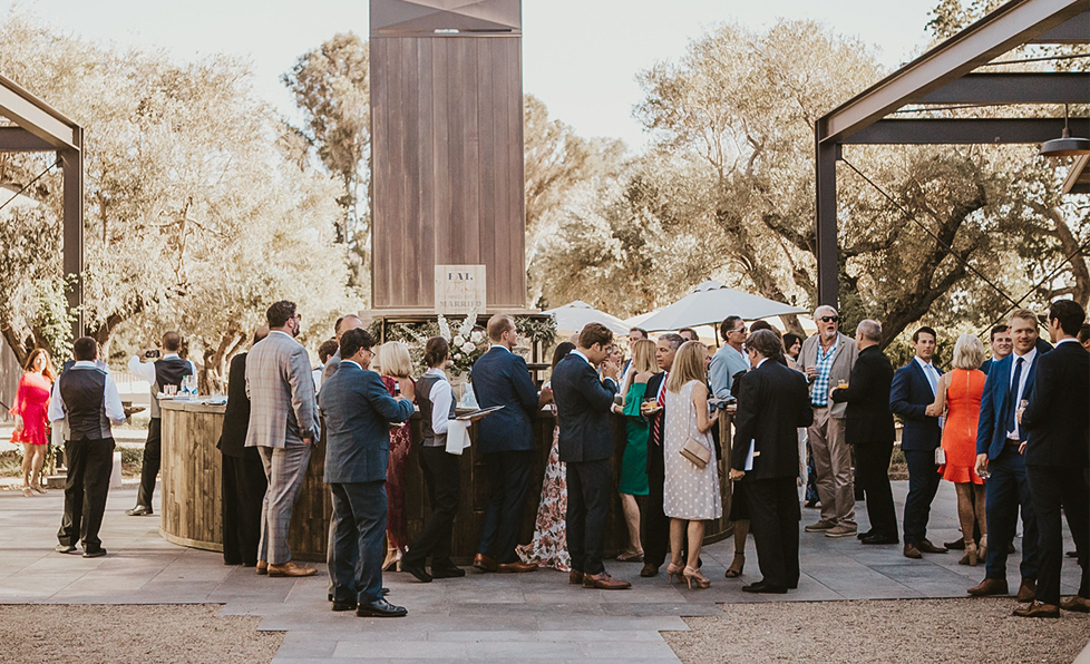 Ojai Valley Inn wedding cocktail hour at the Spanish Market courtyard